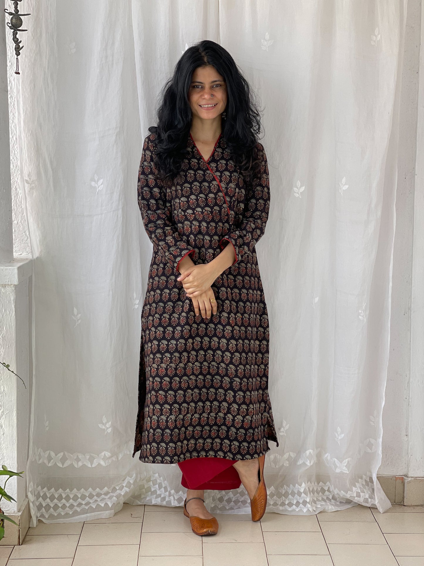Handwoven & Handspun Cotton Handblock Printed Ajrakh Kurta With Pockets.