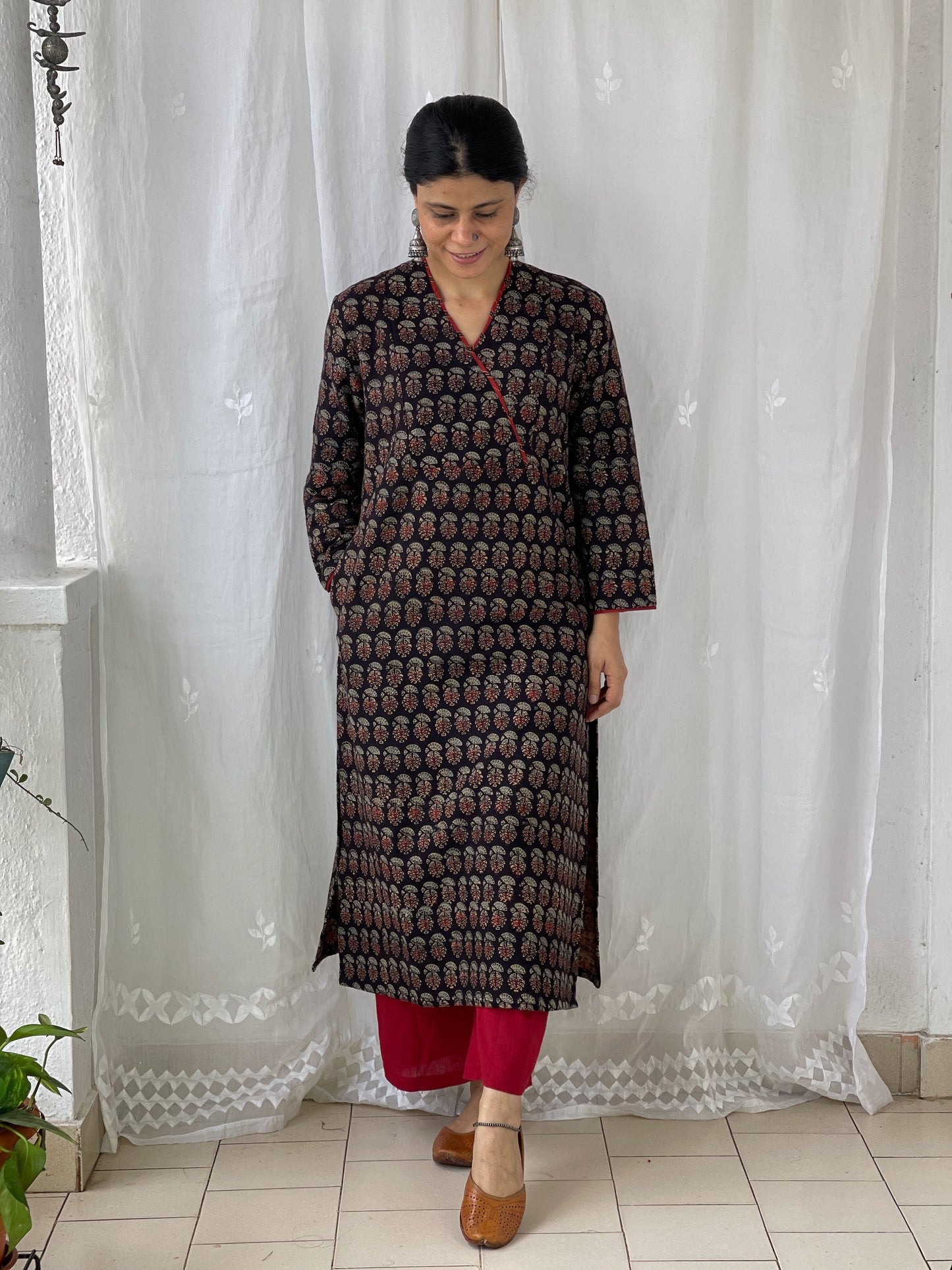 Handwoven & Handspun Cotton Handblock Printed Ajrakh Kurta With Pockets.