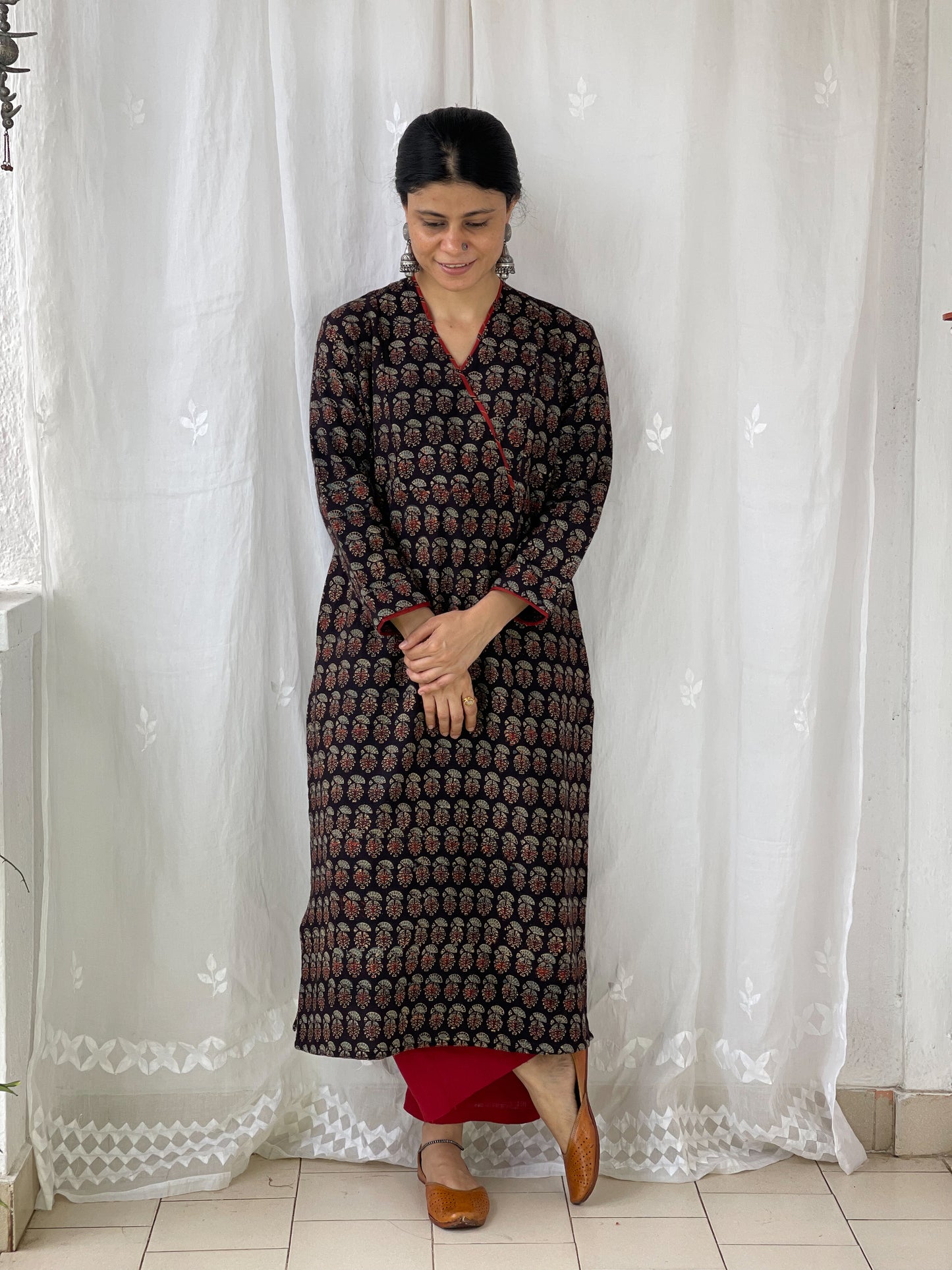 Handwoven & Handspun Cotton Handblock Printed Ajrakh Kurta With Pockets.