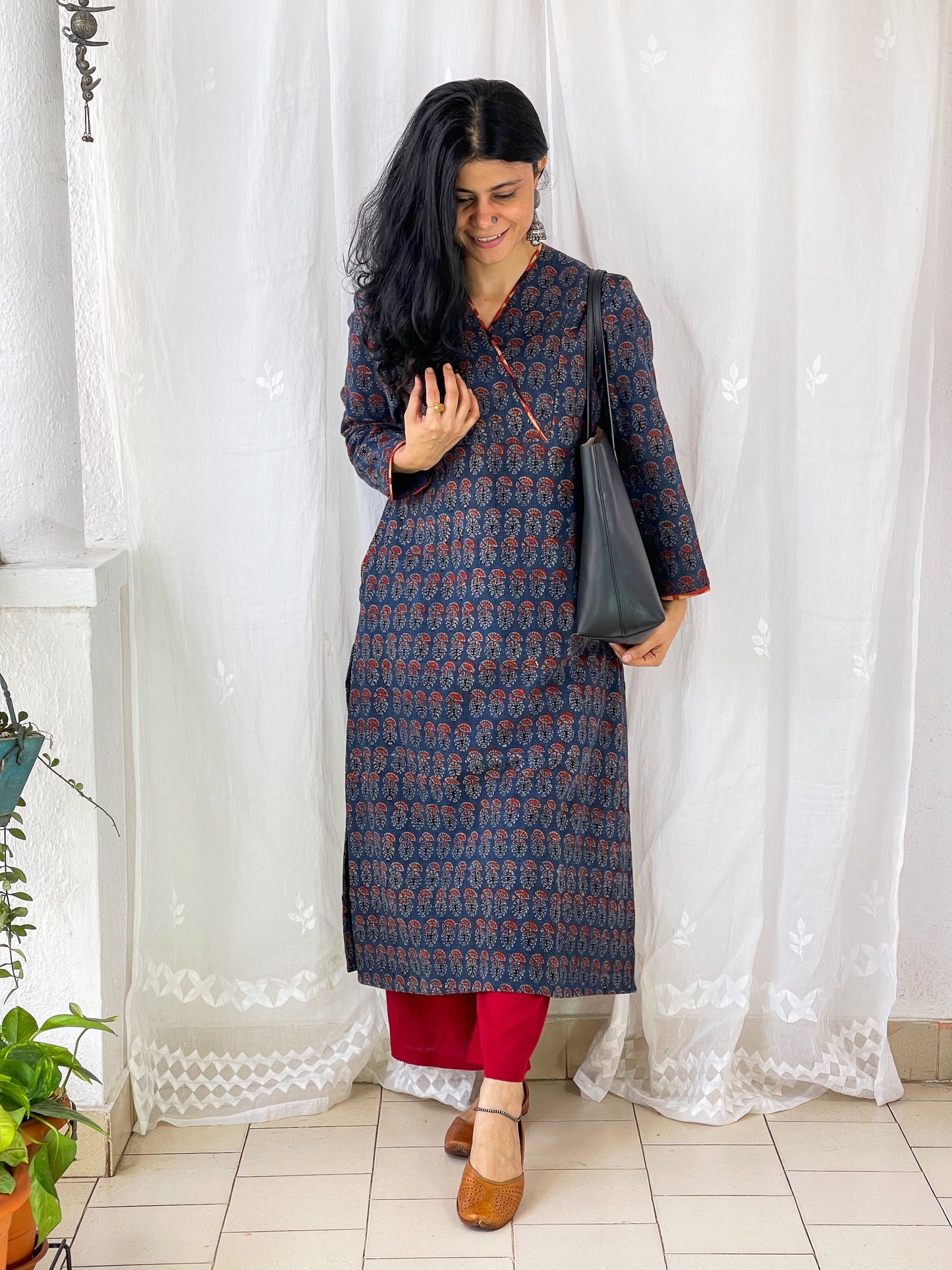 Handwoven & Handspun Cotton Handblock Printed Ajrakh Kurta With Pockets.