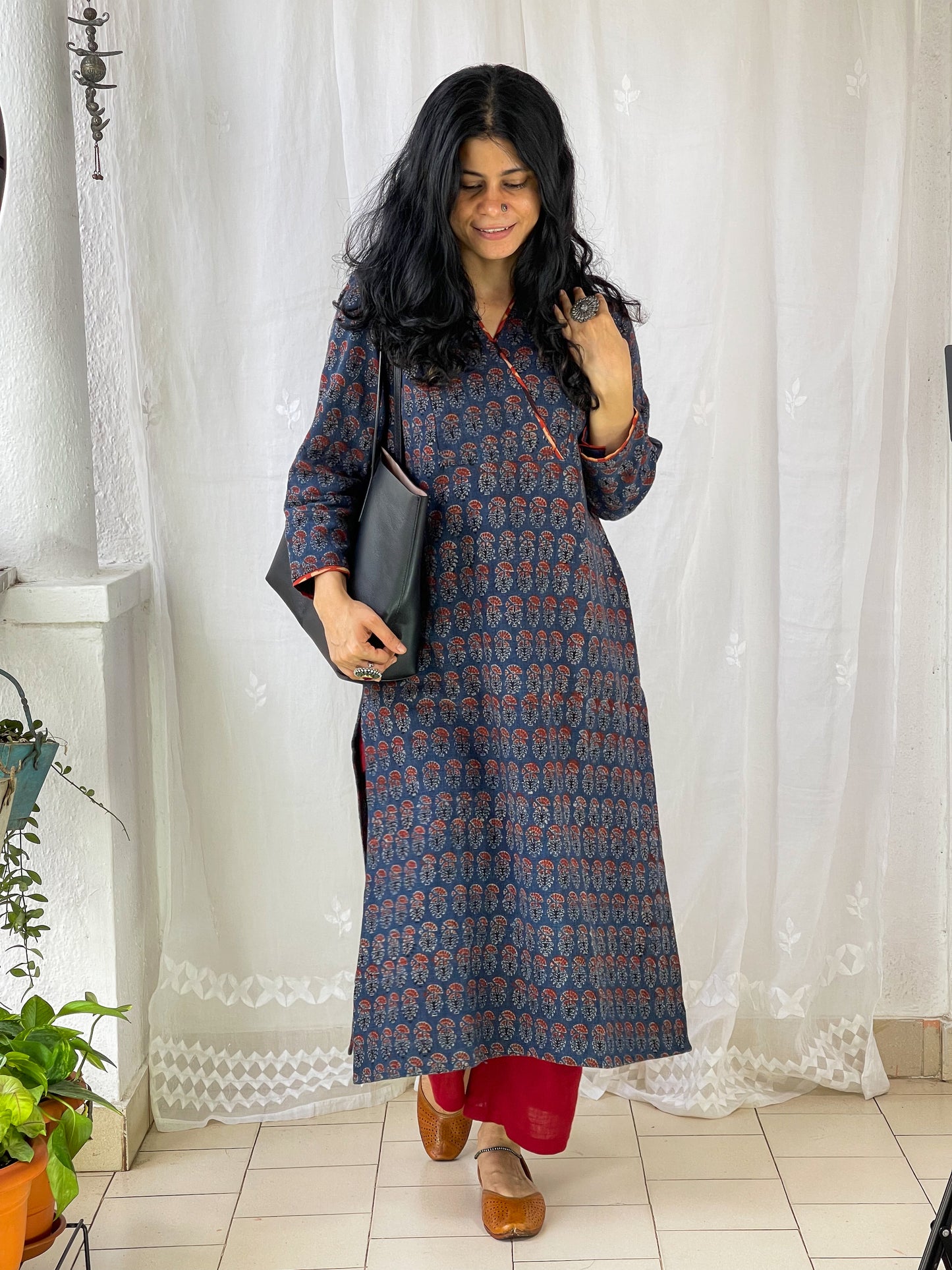 Handwoven & Handspun Cotton Handblock Printed Ajrakh Kurta With Pockets.