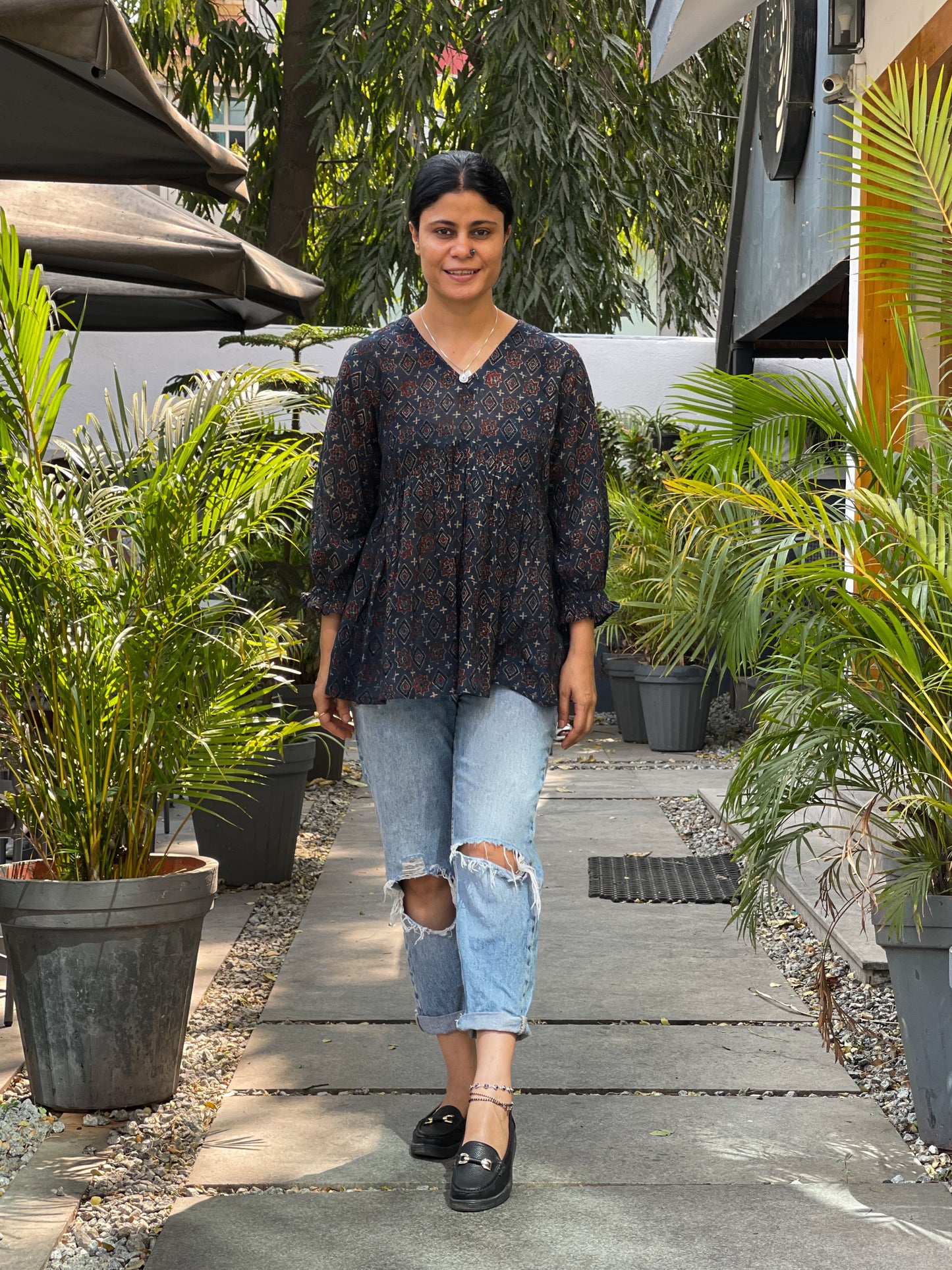 Handblock Printed Ajrakh kalidarr short Kurta