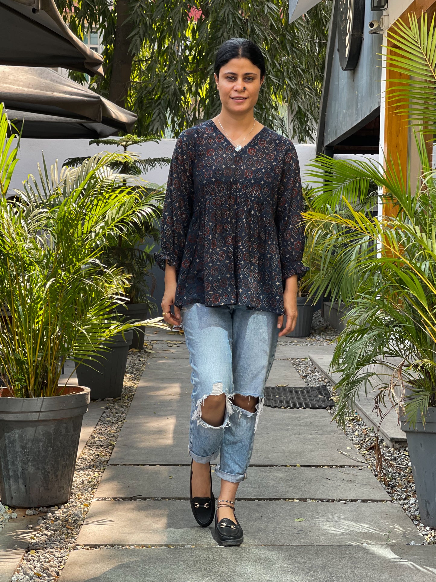 Handblock Printed Ajrakh kalidarr short Kurta