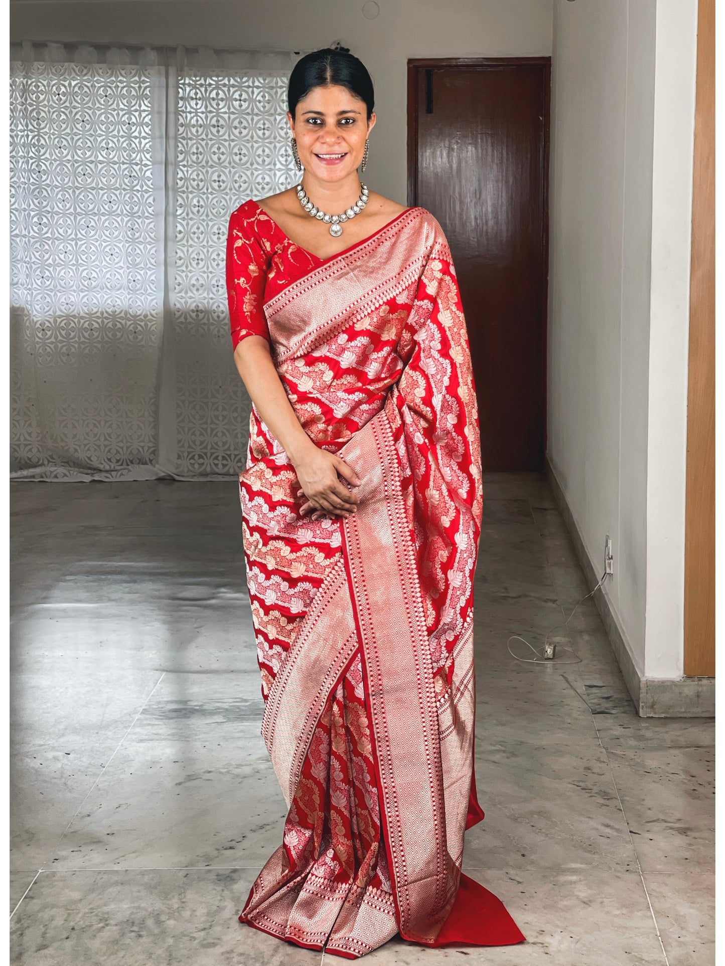 Red Colour Gold /Silver Jangle  kadwa Weaving Handwoven Katan Silk Saree