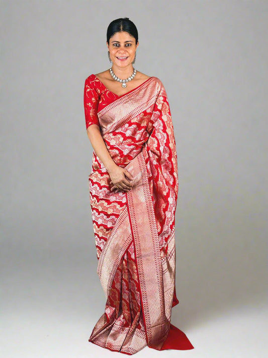 Red Colour Gold /Silver Jangle  kadwa Weaving Handwoven Katan Silk Saree