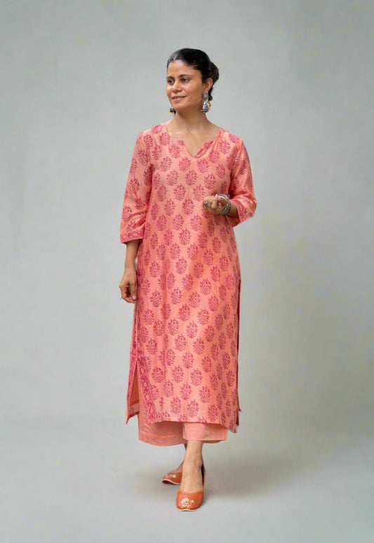 Handloom Hand Block Printed Chanderi Silk Kurta Set