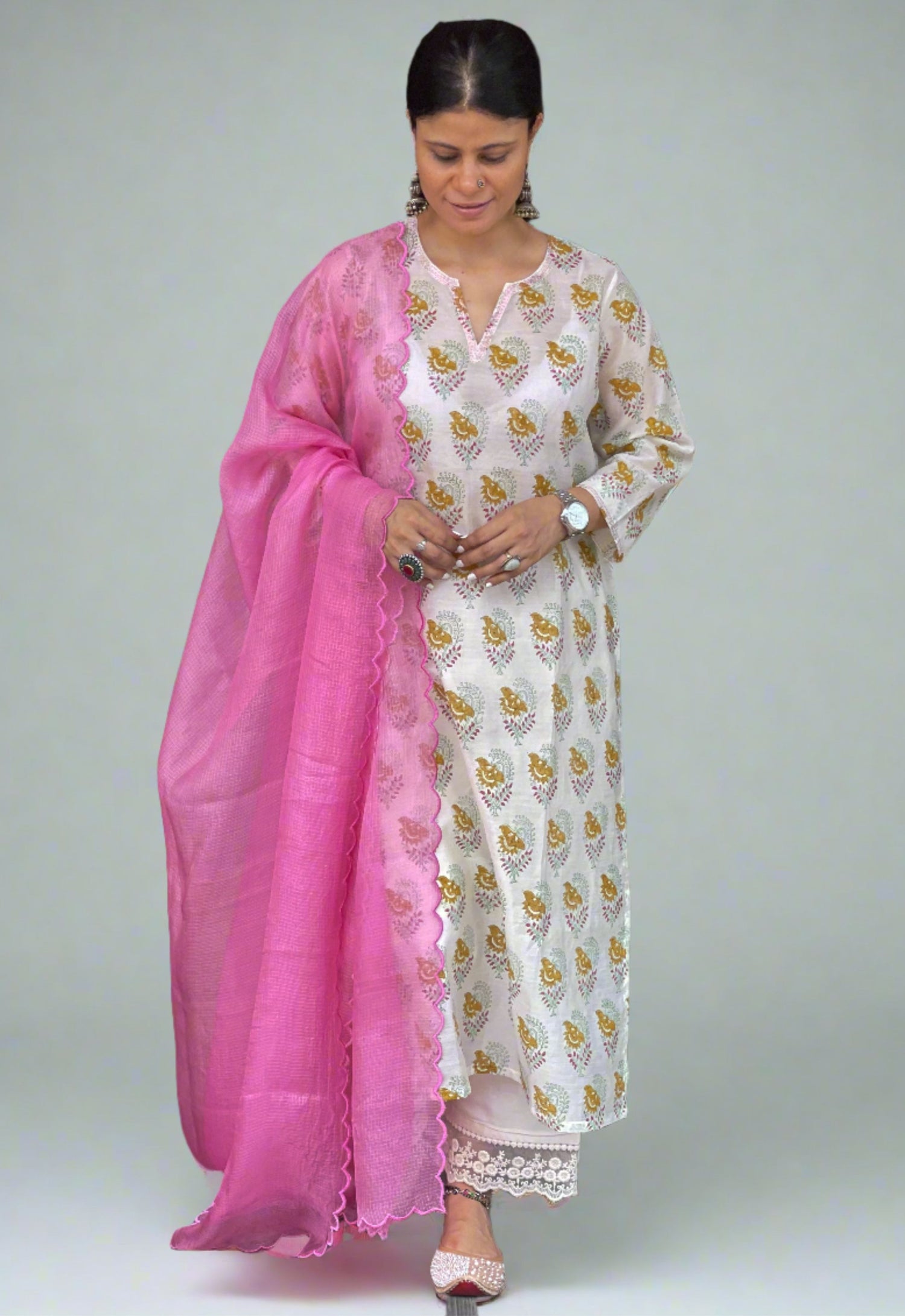 Handloom & handblock printed chanderi silk cotton kurta with kota silk dupatta