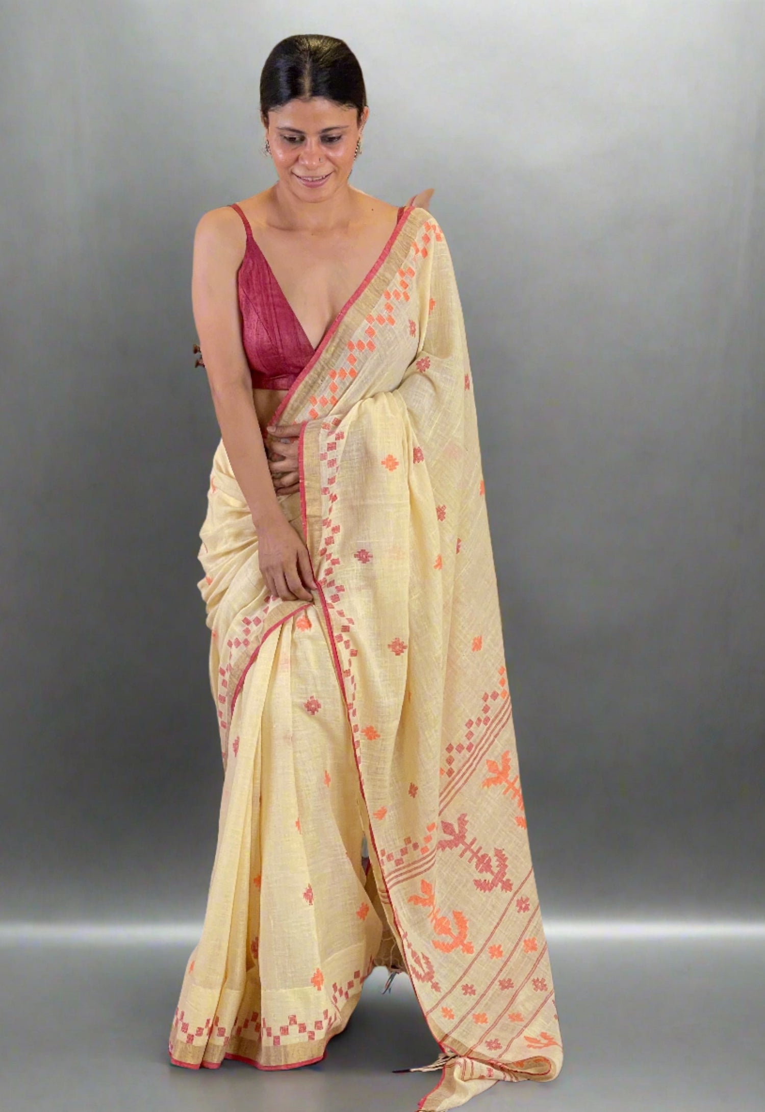 Handwoven Jamdani Linen Saree