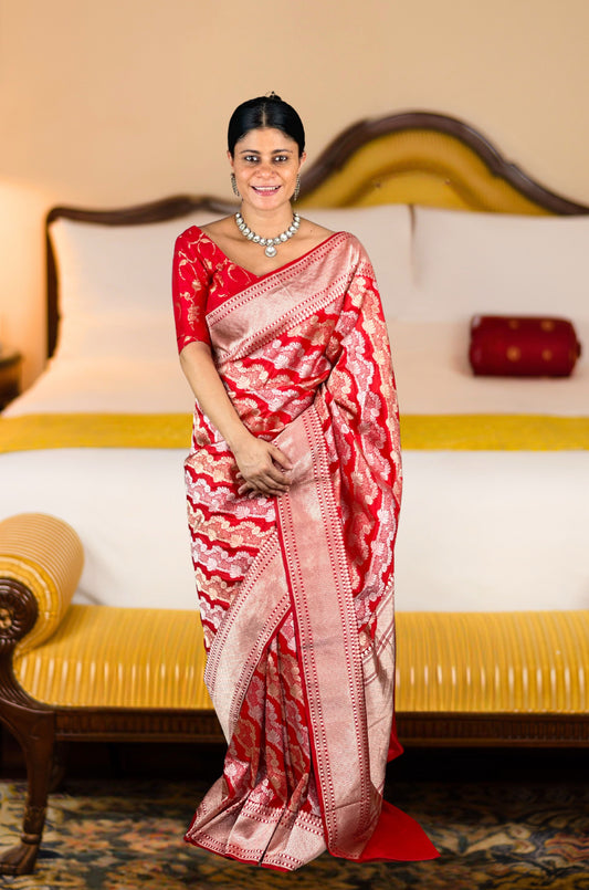 Red Colour Gold /Silver Jangle  kadwa Weaving Handwoven Katan Silk Saree
