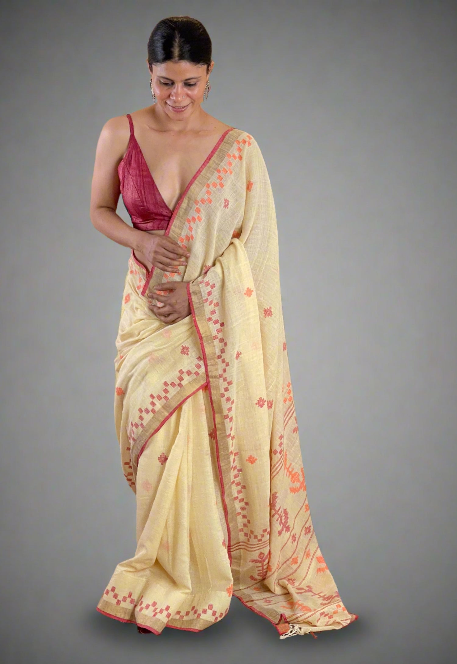 Handwoven Jamdani Linen Saree
