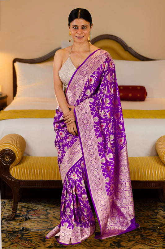 Jamuni ColourPure  Meenakari /Silver Alfi Jangle Weaving Handloom Katan Mulbery Silk Saree