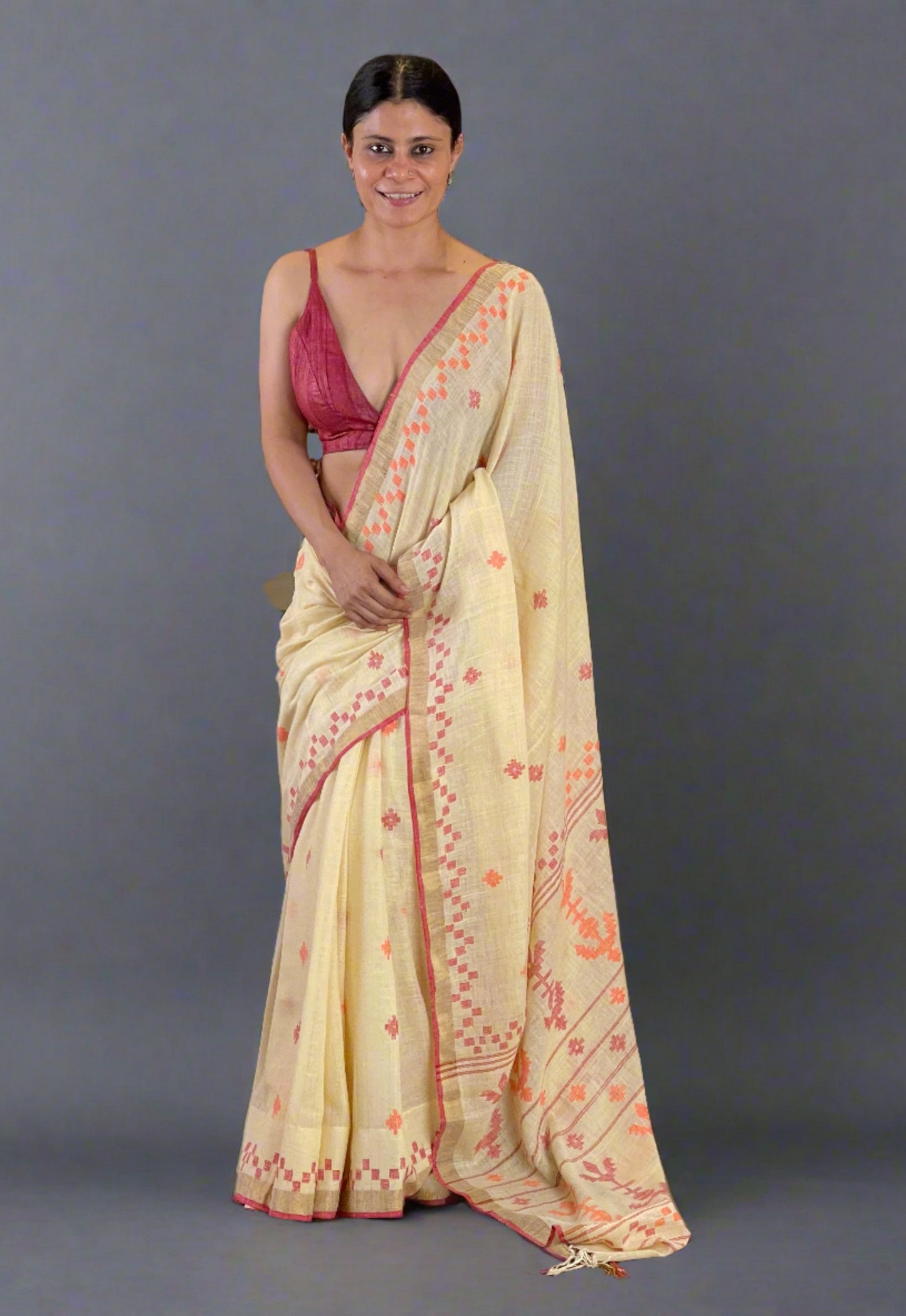 Handwoven Jamdani Linen Saree