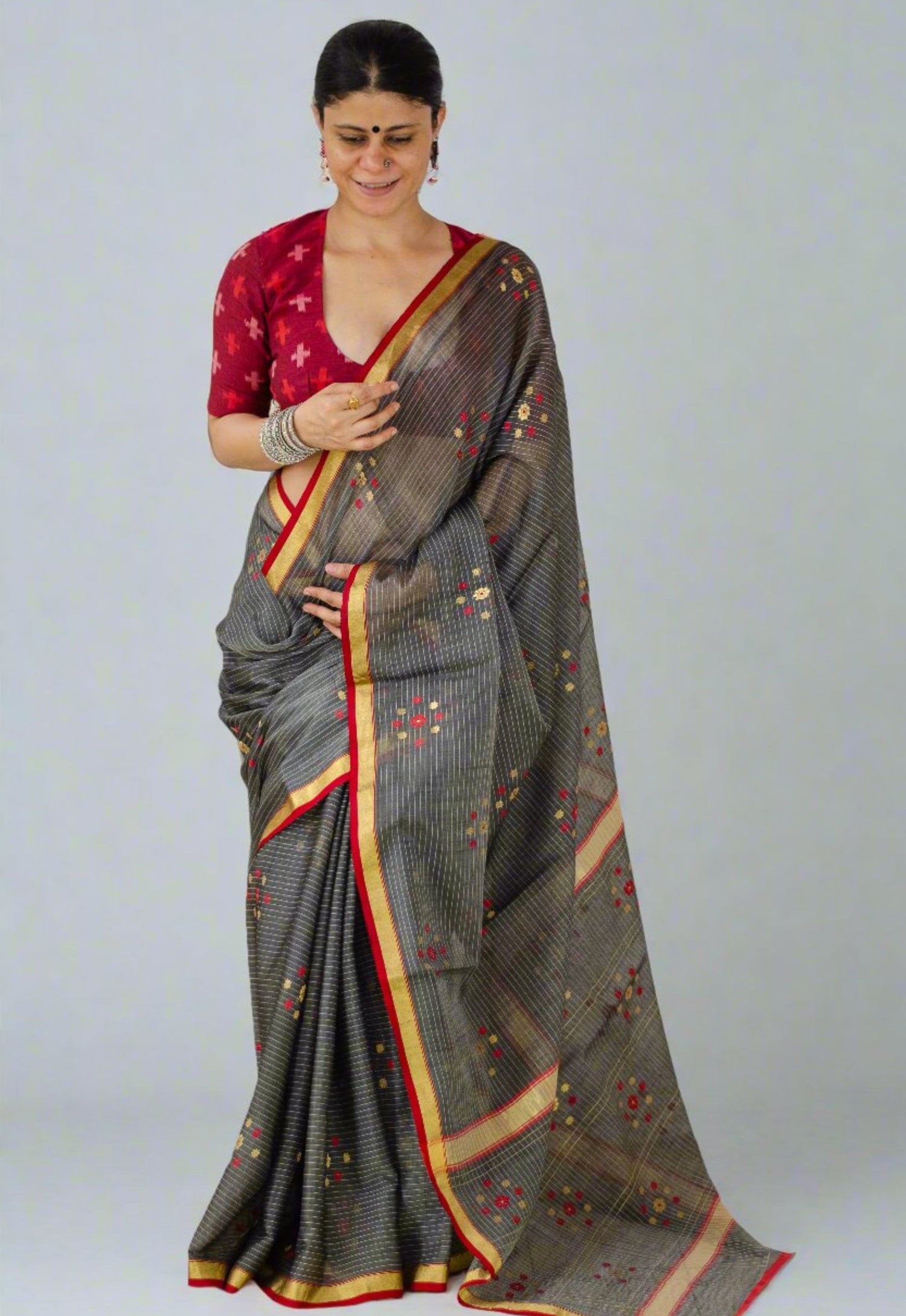 Handloom Cotton Silk Chanderi Saree With Woven Thread & Zari Motifs.