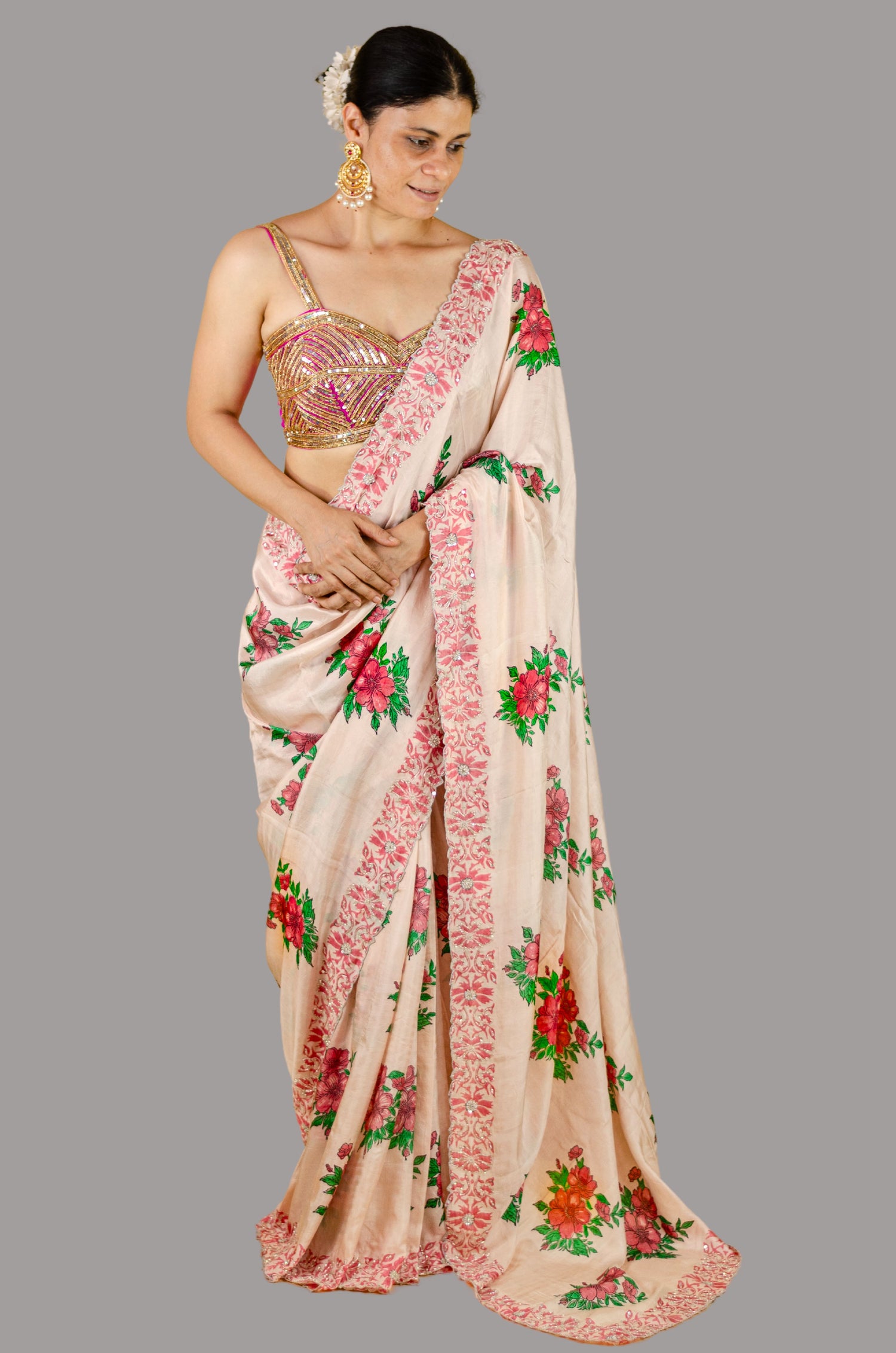 Handloom Hand Block Printed & Hand Embroidered Mulberry Silk Saree