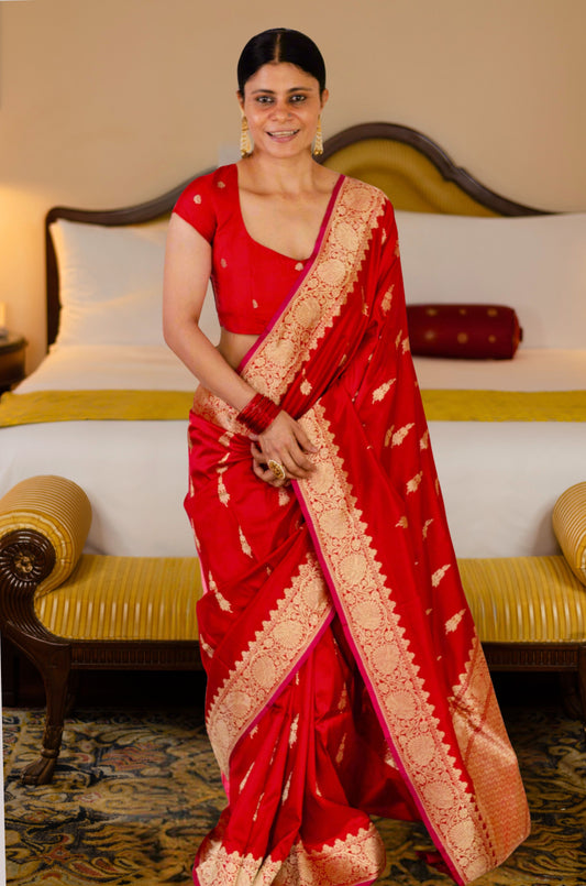 Deep Red Colour  Meenakari /Silver Jangle /Gold  kadwa Weaving Handwoven Katan Mulbery Silk Saree