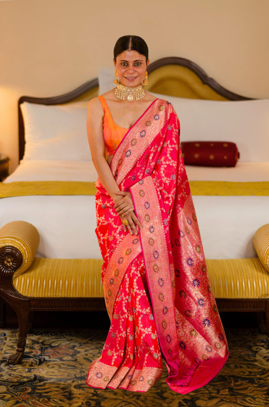 Dual Shade Rani Pink  Colour Handwoven Kadwa  Jaal Katan Silk Banarasi Saree