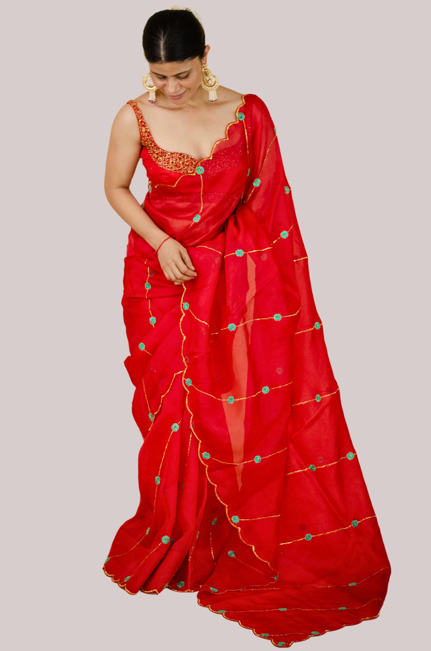 Sequence & Resham thread Hand Embroidered Handloom Organza Silk Saree.