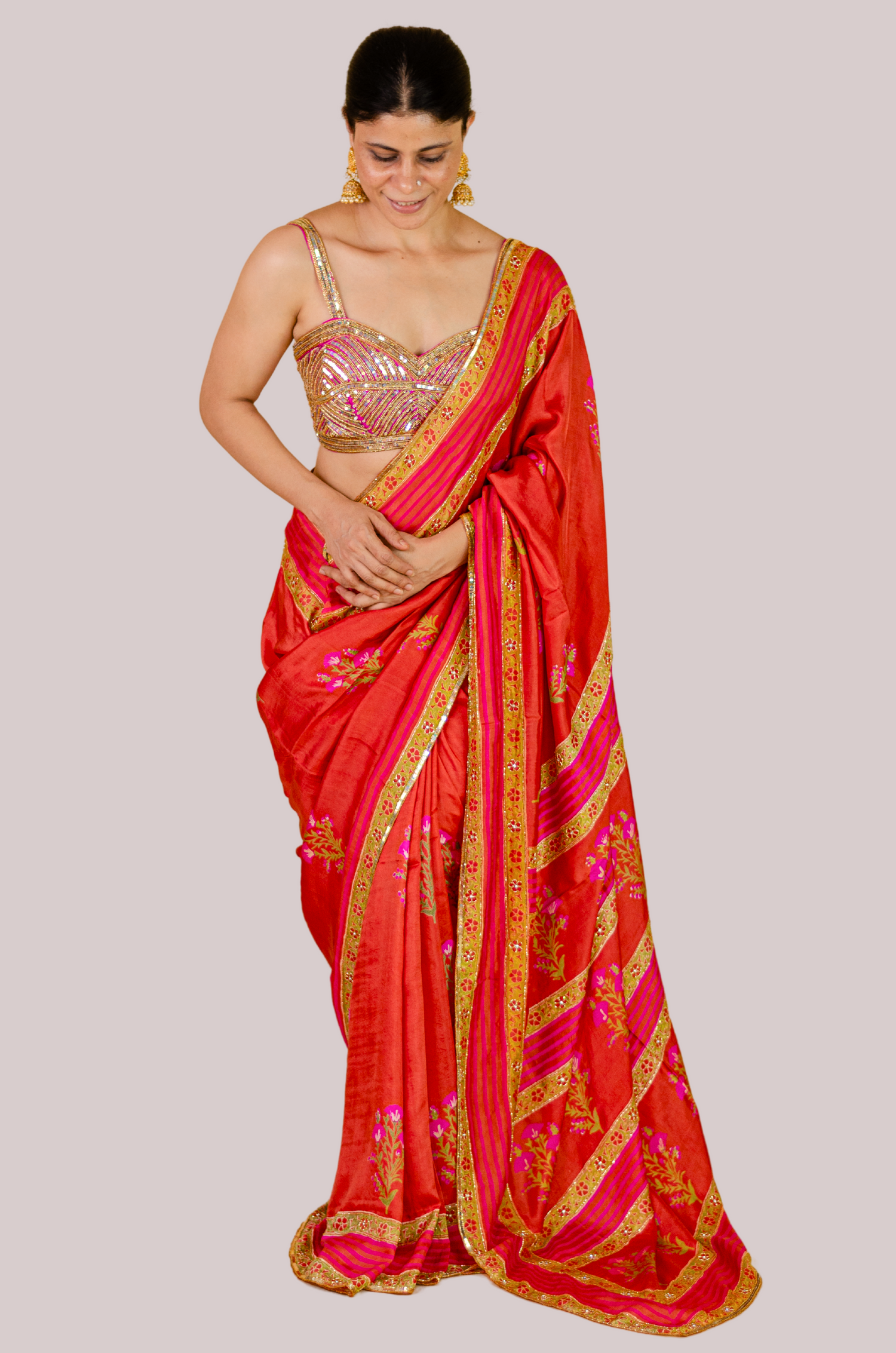 Handloom Hand Block Printed & Hand Embroidered Mulberry Silk Saree