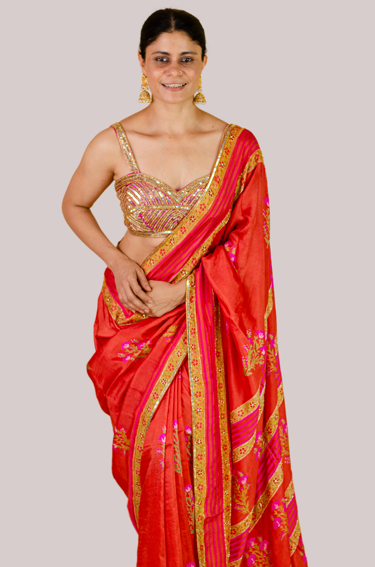 Handloom Hand Block Printed & Hand Embroidered Mulberry Silk Saree