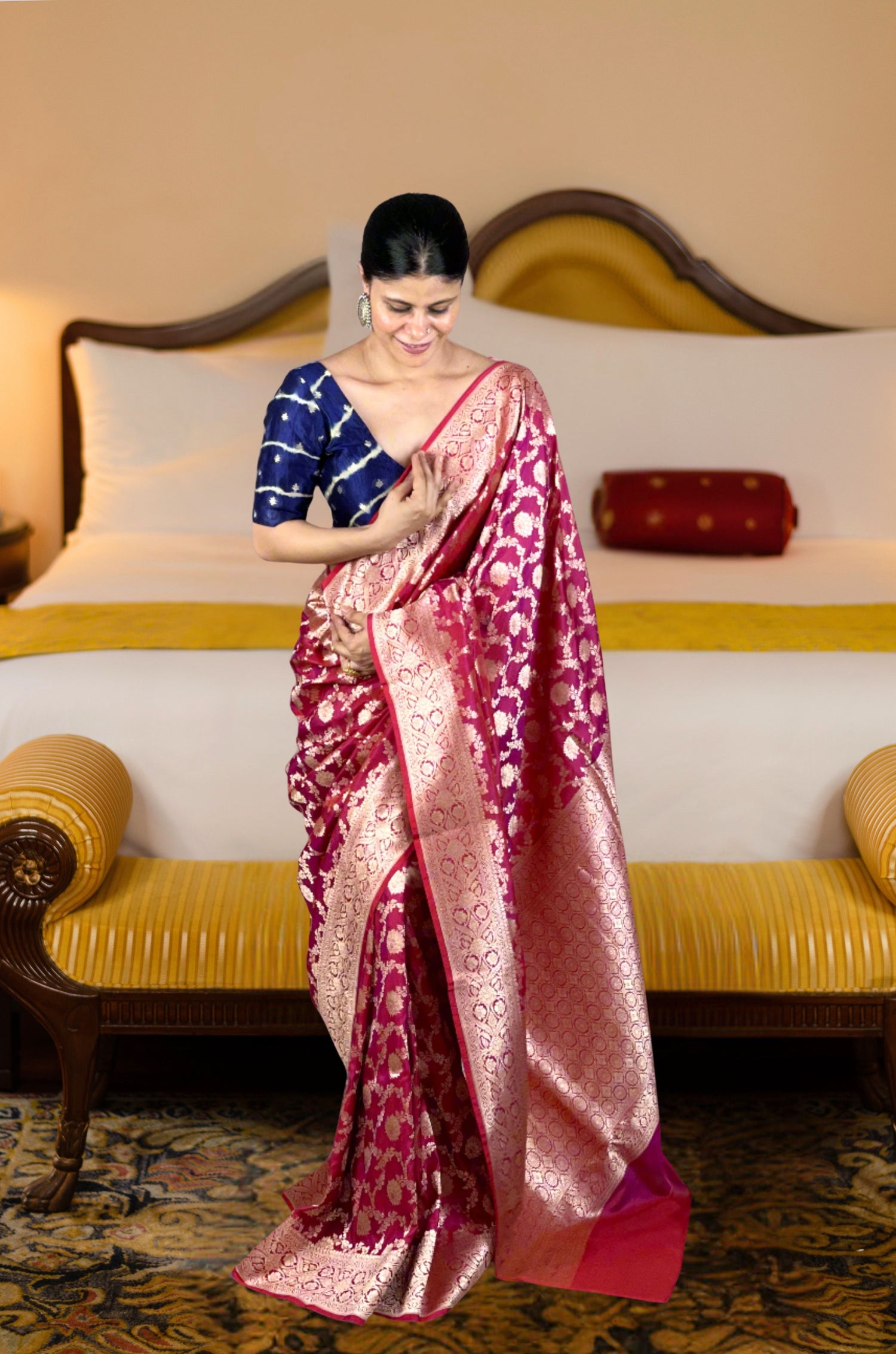 Deep Burgundy Colour Pure Handloom  Cutwork Katan Silk Saree.