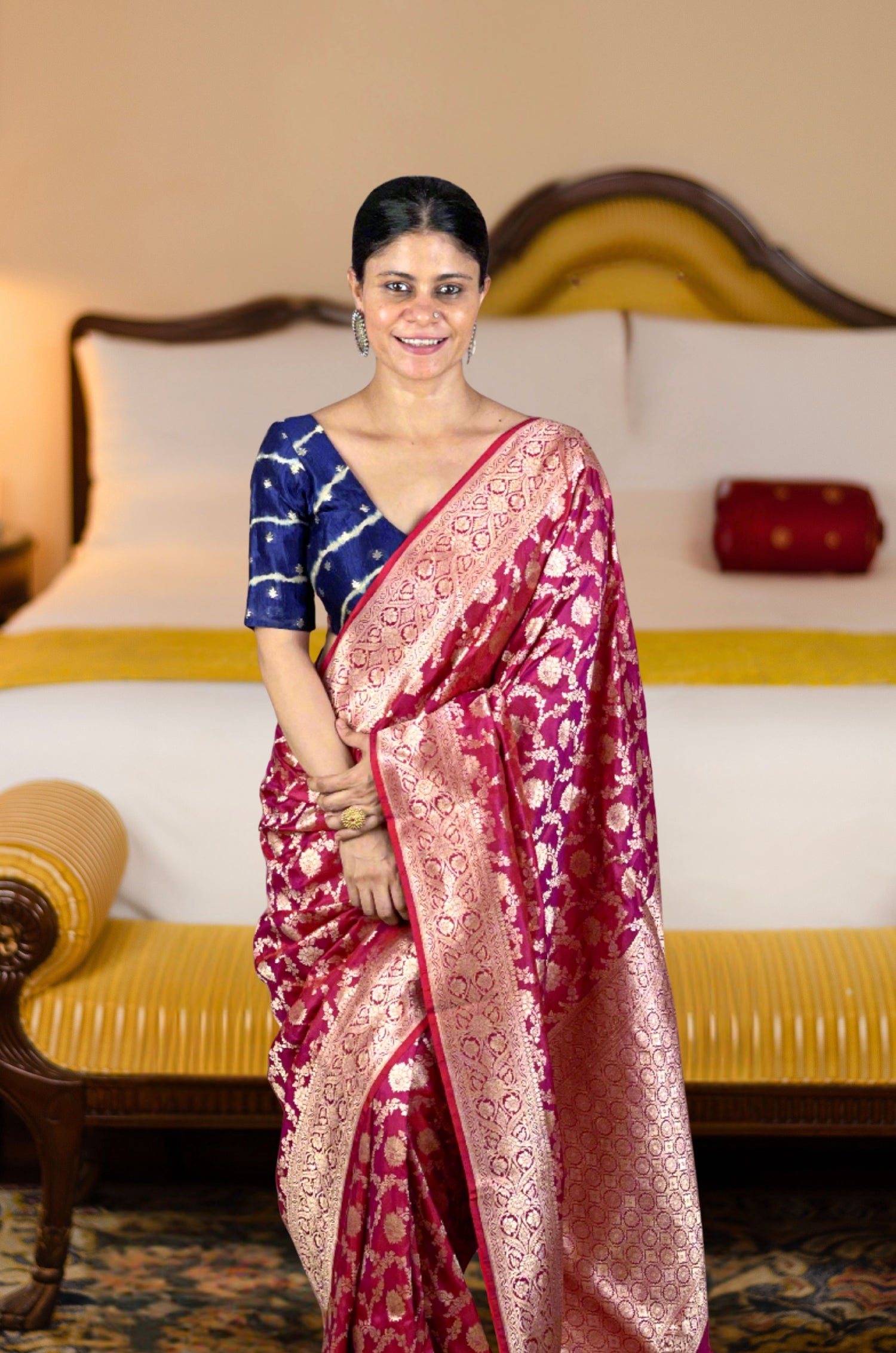 Deep Burgundy Colour Pure Handloom  Cutwork Katan Silk Saree.