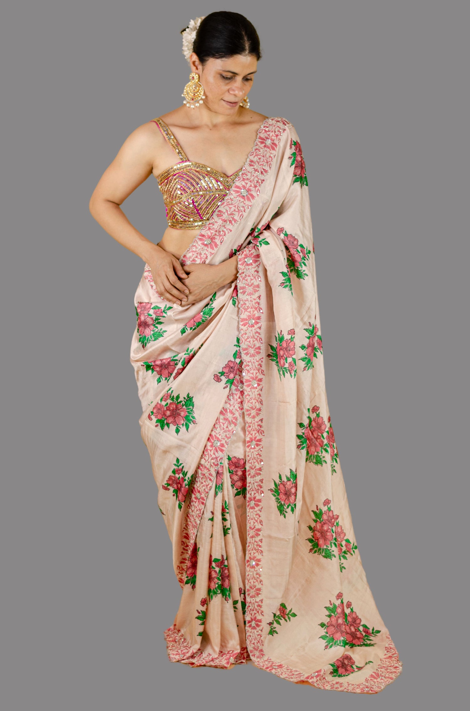Handloom Hand Block Printed & Hand Embroidered Mulberry Silk Saree