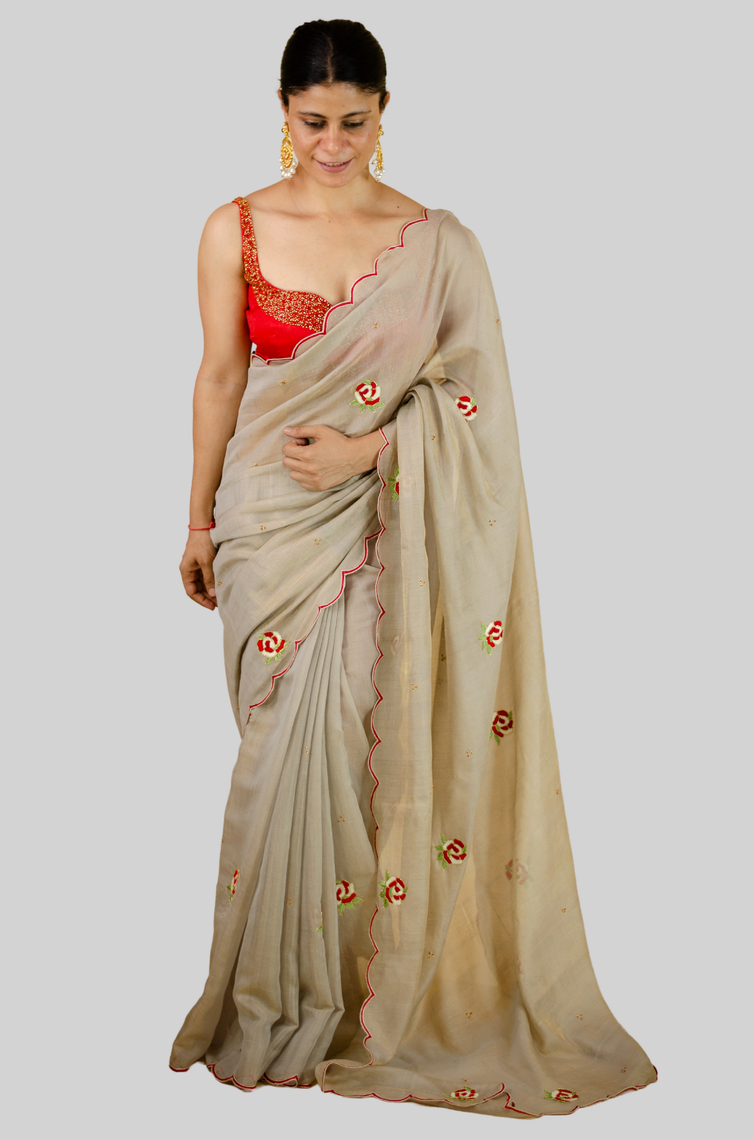 Sequence & Resham thread Hand Embroidered Handloom tissue Silk Saree.