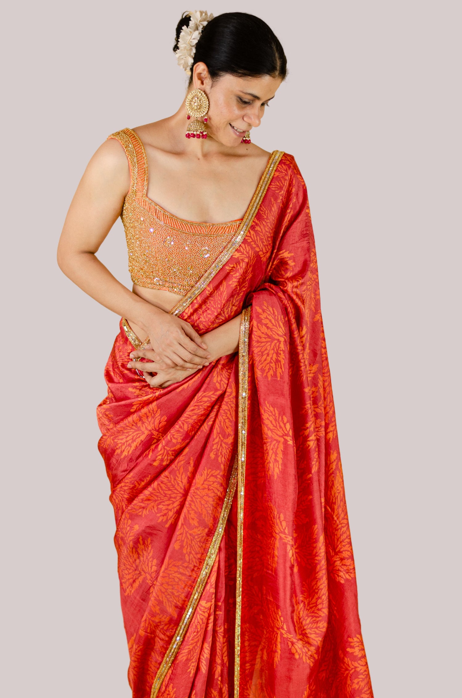 Handloom Hand Block Printed & Hand Embroidered Mulberry Silk Saree