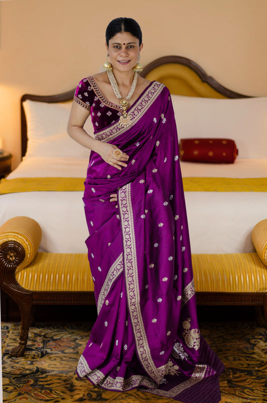 Deep Purple Colour  Meenakari /Silver Jangle  kadwa Weaving Handwoven Katan Mulbery Silk Saree