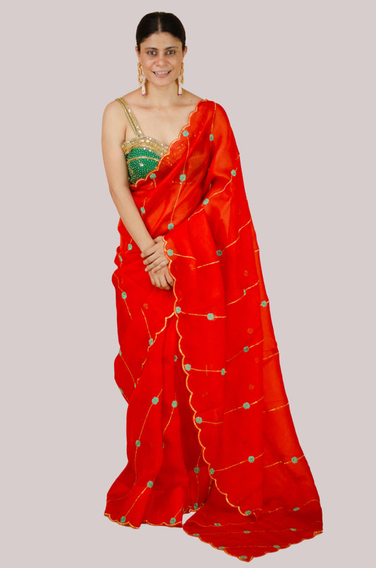 Sequence & Resham thread Hand Embroidered Handloom Organza Silk Saree.