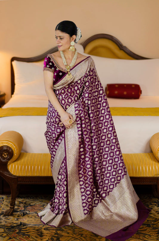 Magenta  Colour Pure Handloom  Cutwork Katan Silk Saree.