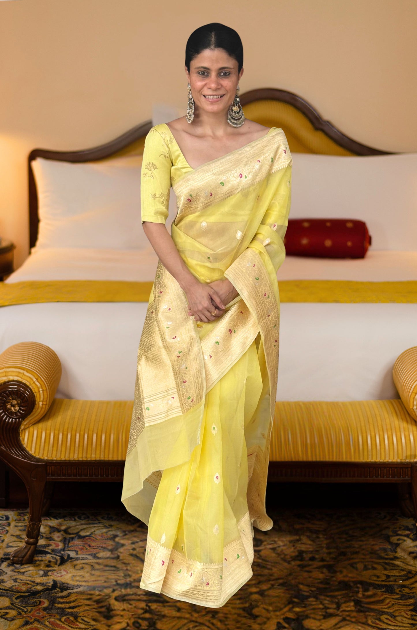 Light Lemon Yellow  Colour  Pure Handwoven Kora Silk  Kadwa Meenakari Banarasi Saree