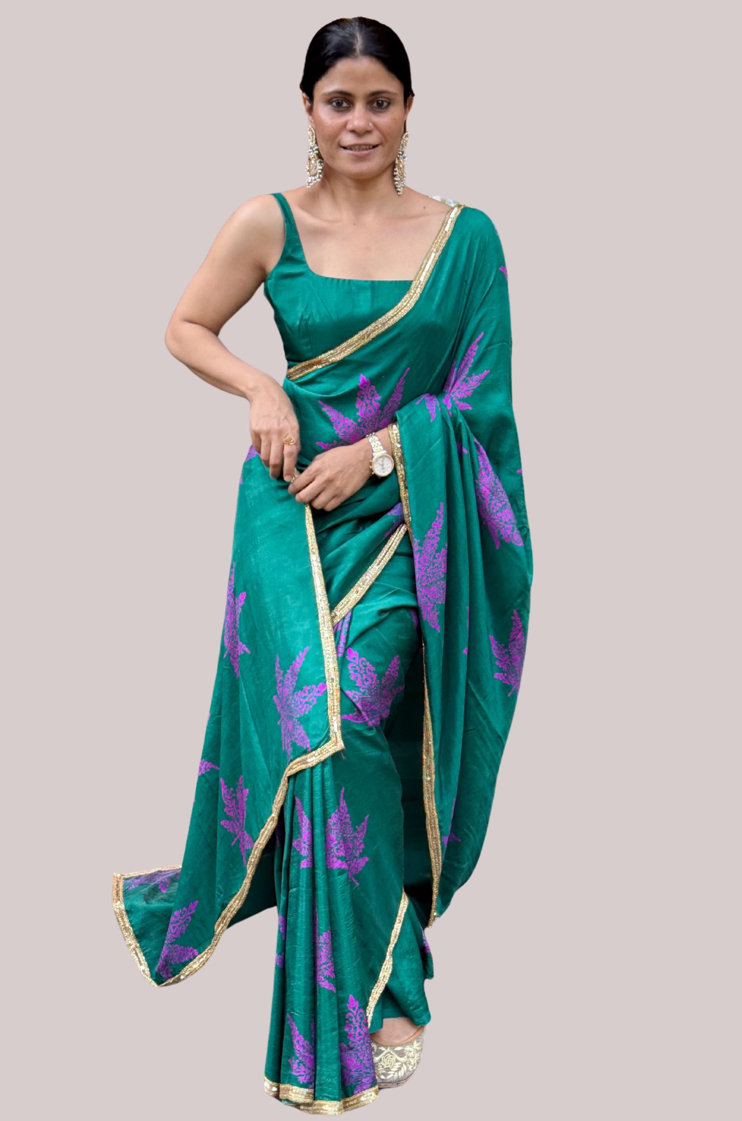 Handloom Hand Block Printed & Hand Embroidered Mulberry Silk Saree