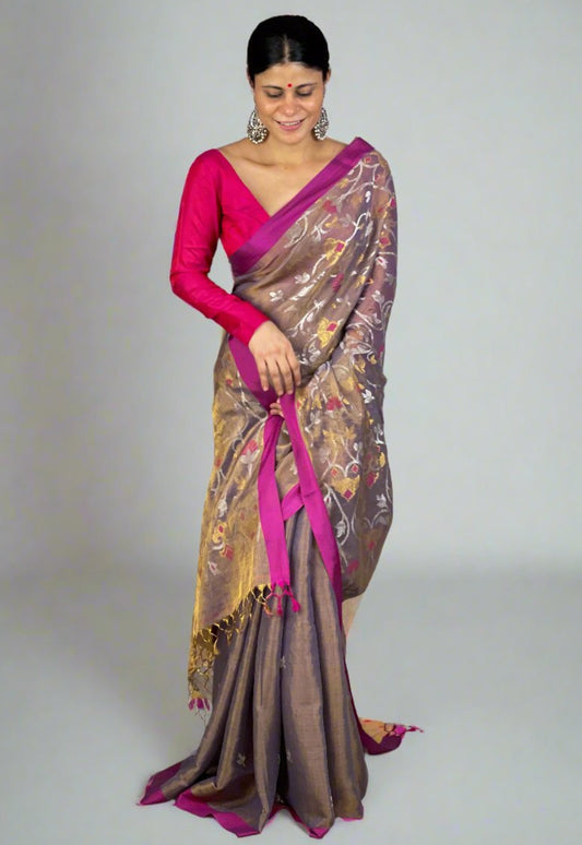 Handwoven Twill Metallic Jamdani saree