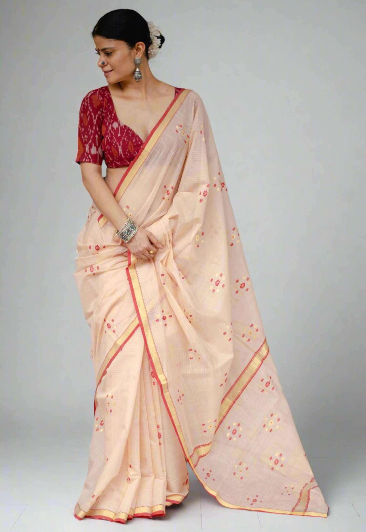 Handloom Cotton Silk Chanderi Saree With Woven Thread & Zari Motifs.