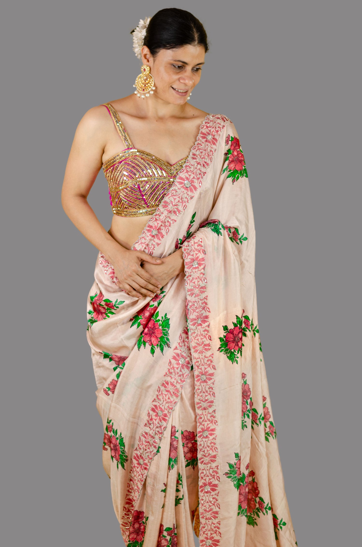 Handloom Hand Block Printed & Hand Embroidered Mulberry Silk Saree