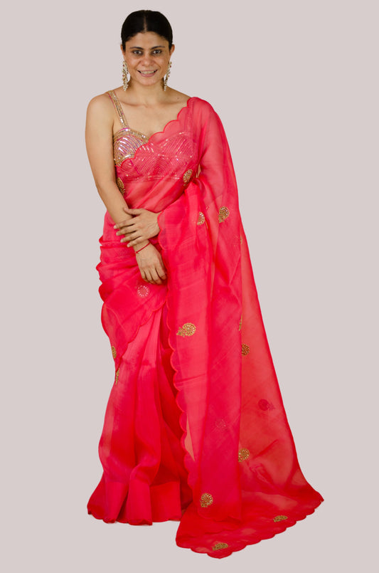 Sequence And Beads Hand Embroidered Handloom Organza Silk Saree.