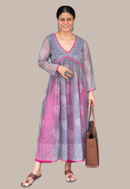 Handblock Printed Natural Dyed Kota Doria Kalidar Side Cut Kurta
