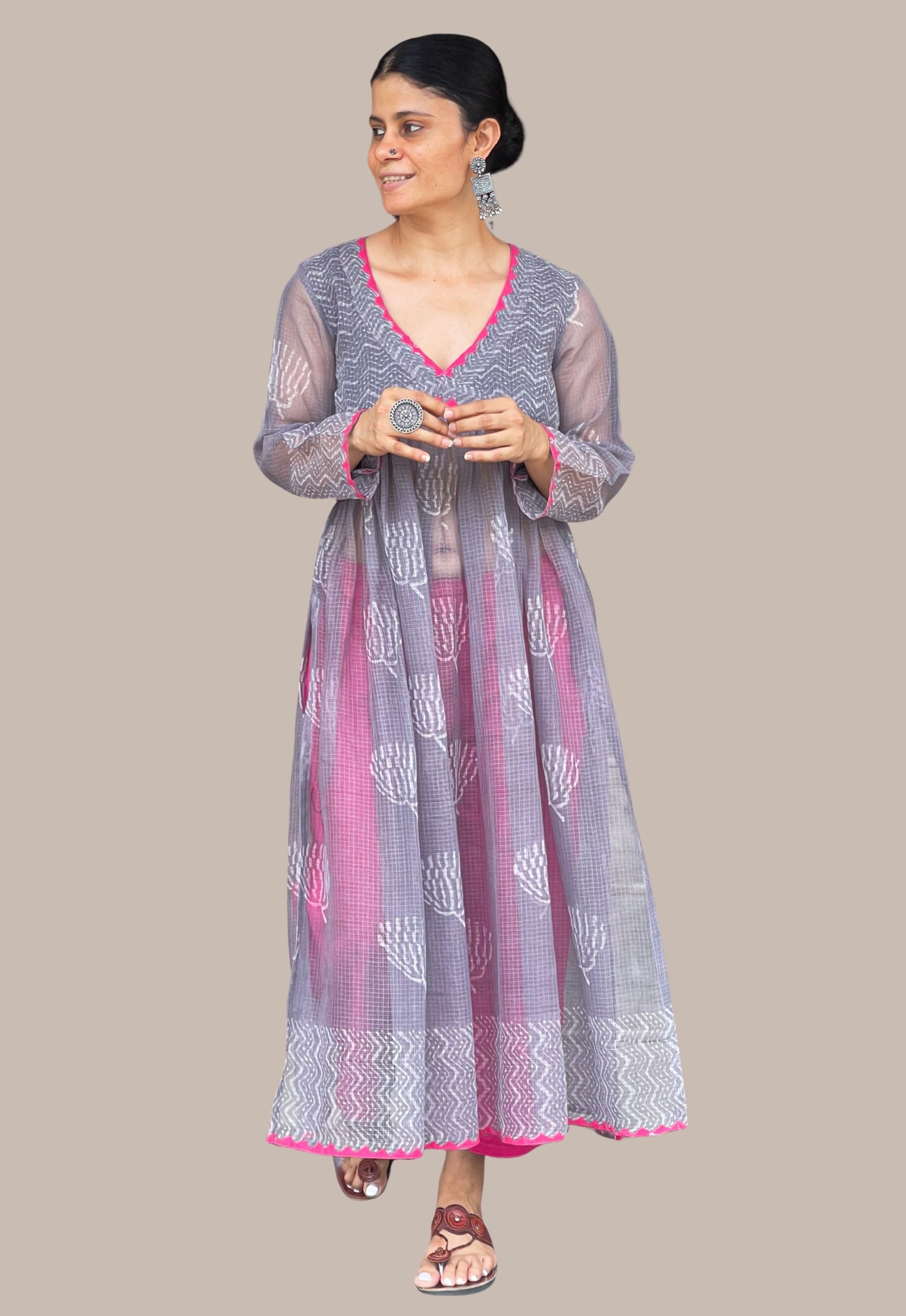Handblock Printed Natural Dyed Kota Doria Kalidar Side Cut Kurta