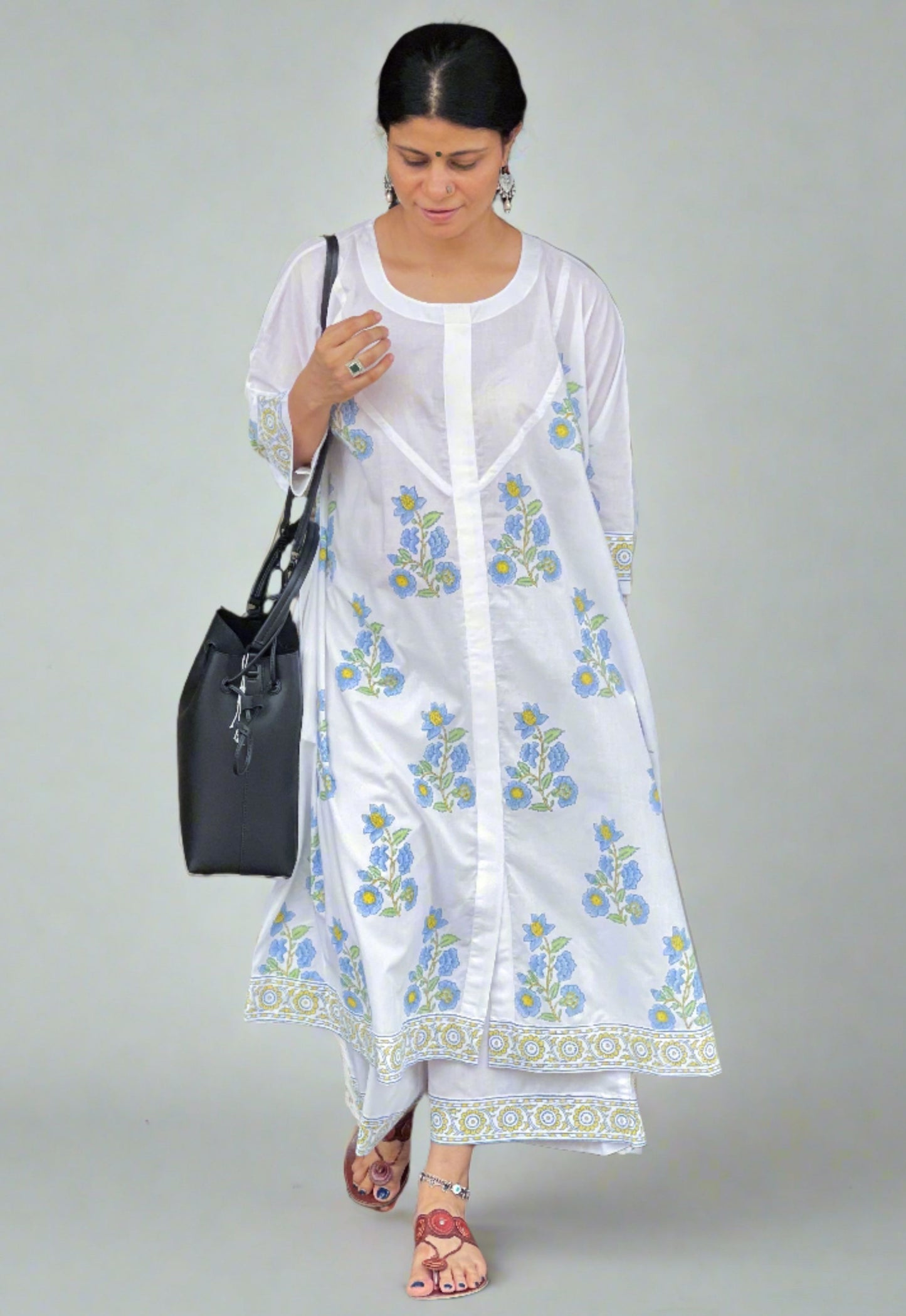 Handloom & handblock printed Kalidar kurta with yoke designs with pant.