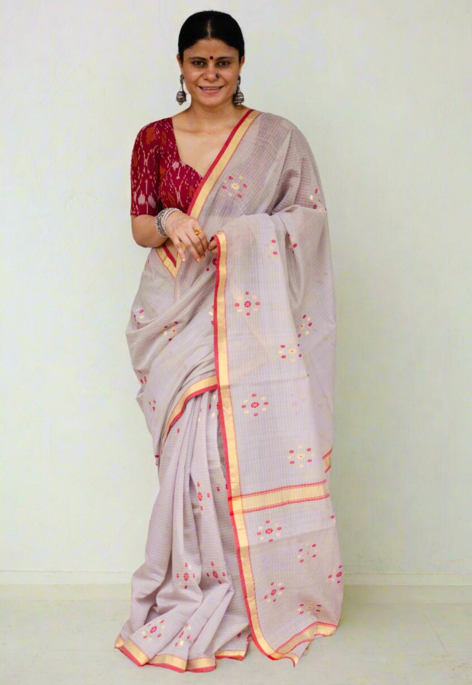 Handloom Cotton Silk Chanderi Saree With Woven Thread & Zari Motifs.