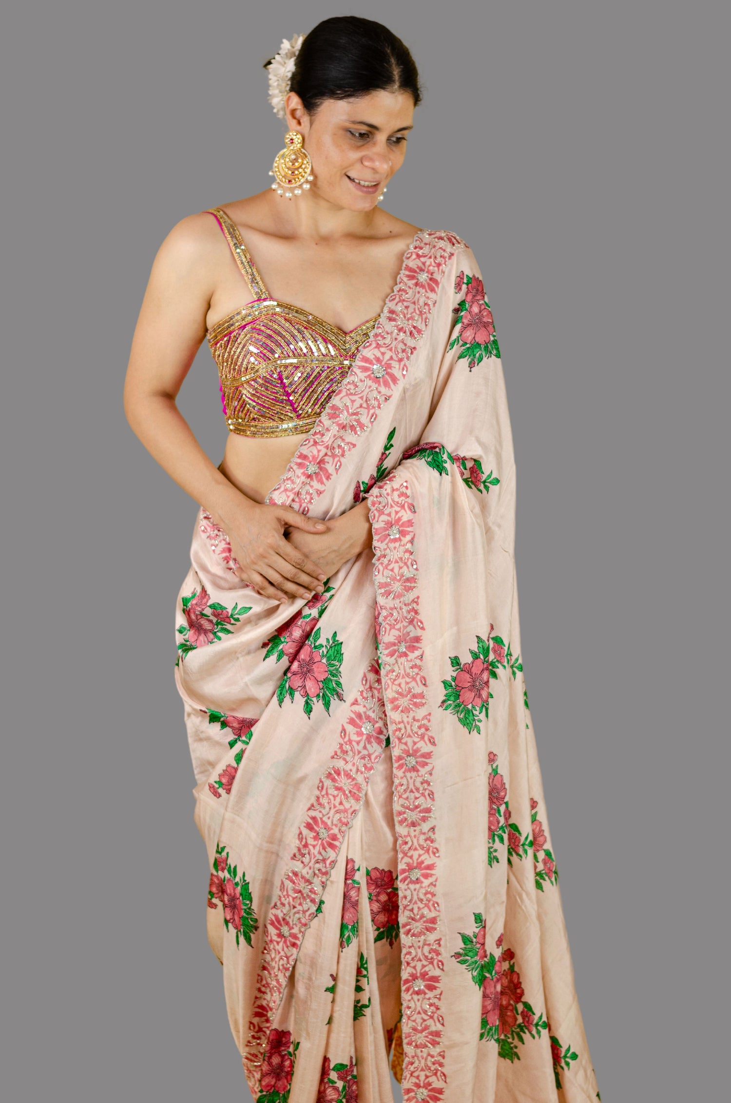 Handloom Hand Block Printed & Hand Embroidered Mulberry Silk Saree