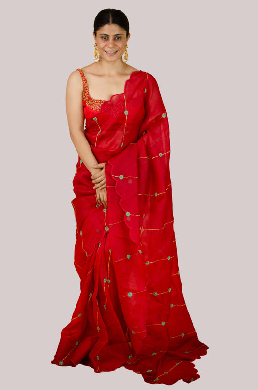 Sequence & Resham thread Hand Embroidered Handloom Organza Silk Saree.