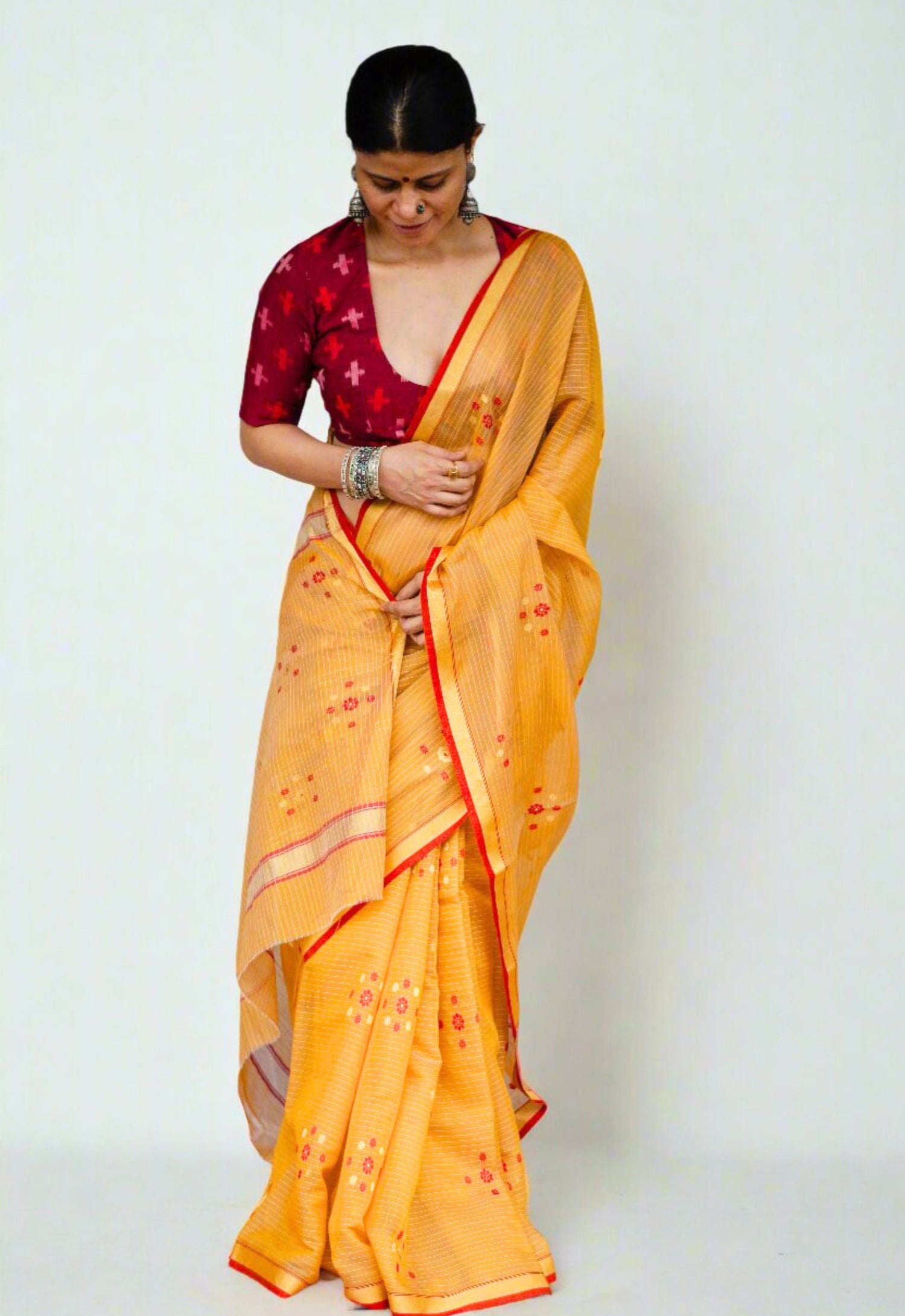 Handloom Cotton Silk Chanderi Saree With Woven Thread & Zari Motifs.