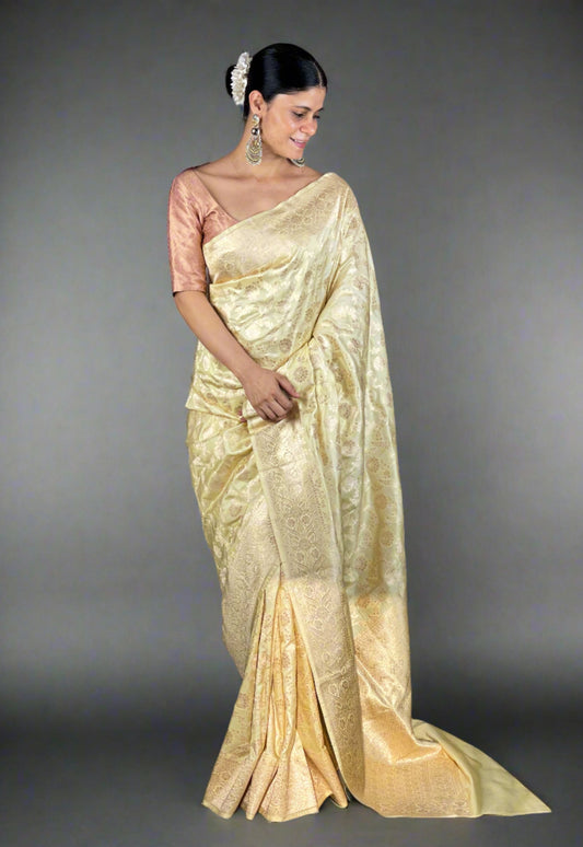 Cream Colour Pure Handloom  Cutwork Katan Silk Saree.