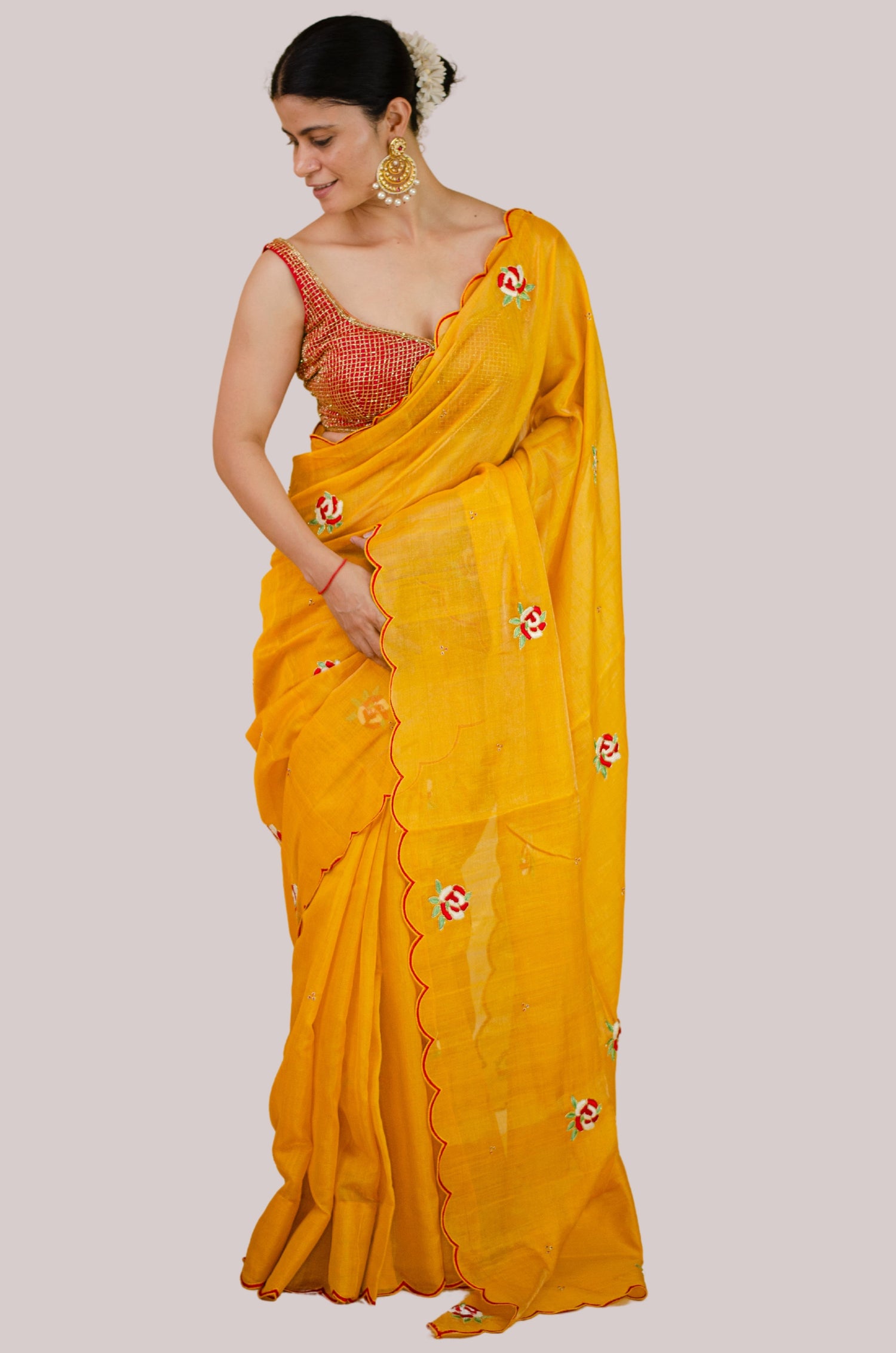 Sequence & Resham thread Hand Embroidered Handloom Tissue Silk Saree.
