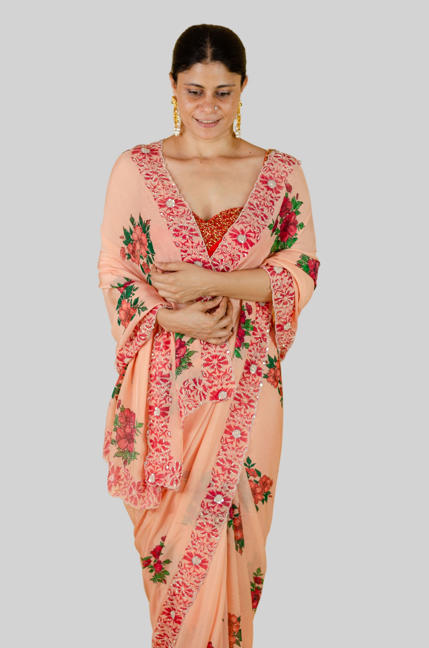 Handloom Hand Block Printed & Hand Embroidered Georgette Silk Saree