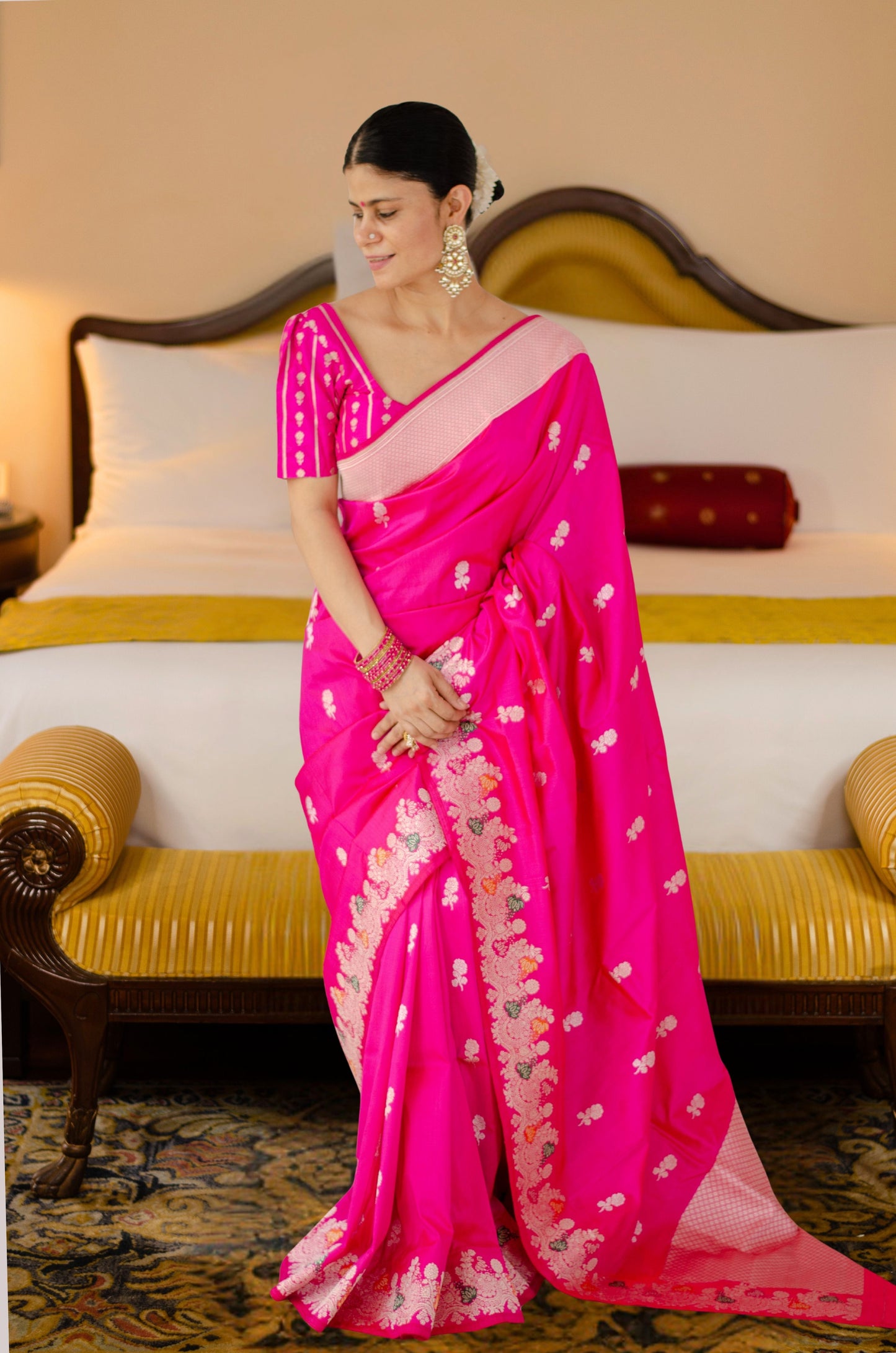 Rani Pink Colour  Meenakari /Silver Jangle  kadwa Weaving Handwoven Katan Mulbery Silk Saree