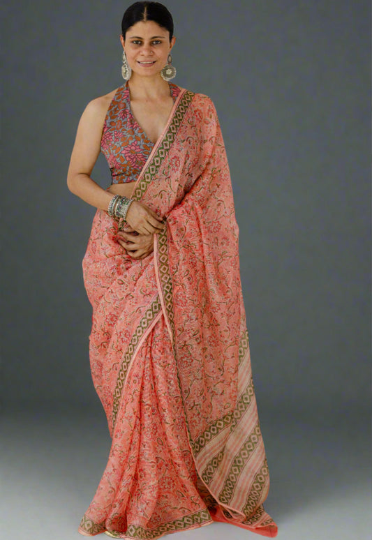 Hand Block Printed  Natural Dyed Kota Silk Saree.
