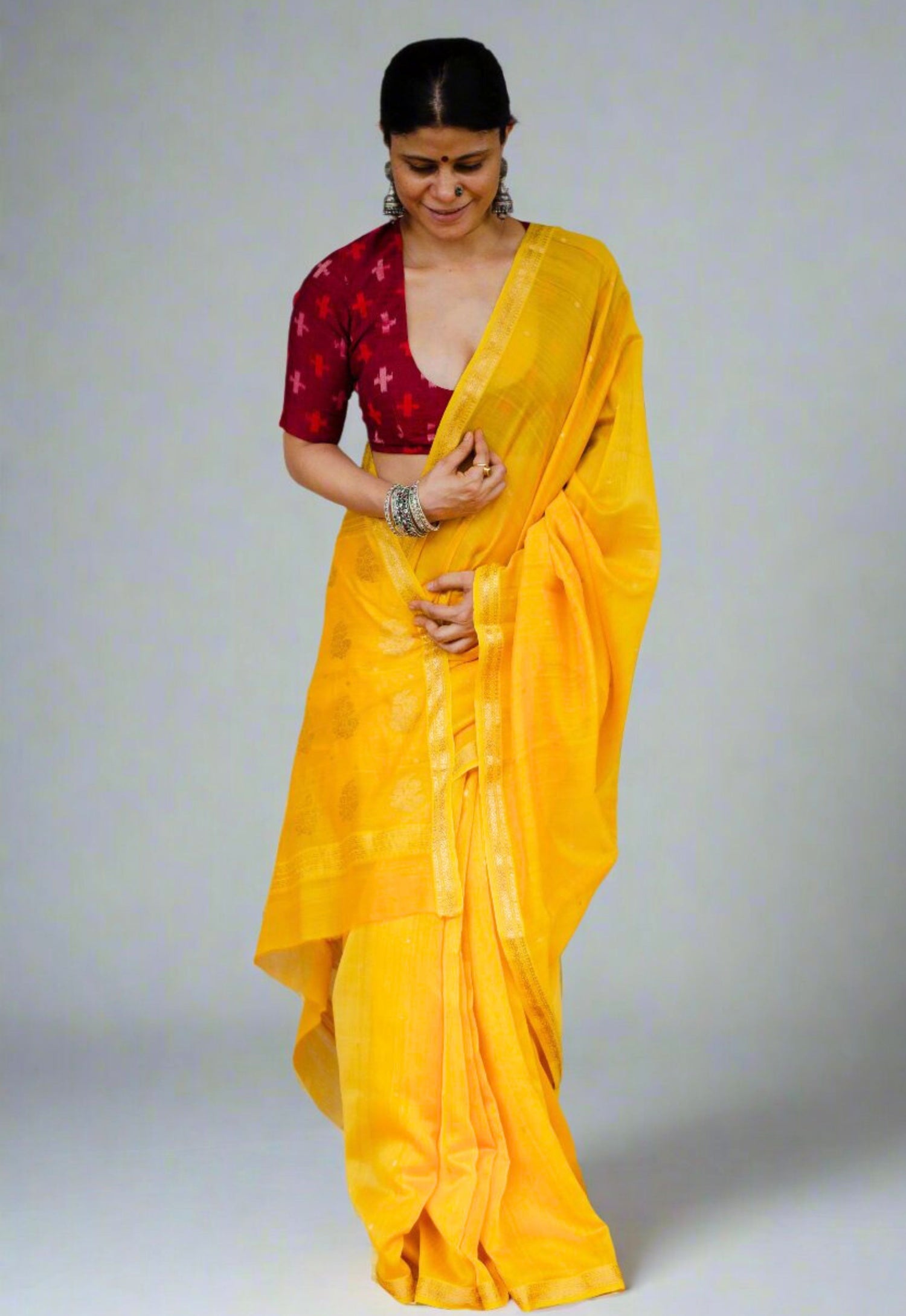 Handloom Cotton Silk Chanderi Saree With Woven  Booties  & Nakashi Border